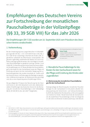 Vorschauseite 1: Empfehlungen des Deutschen Vereins zur Fortschreibung der monatlichen Pauschalbeträge in der Vollzeitpflege (§§ 33, 39 SGB VIII) für das Jahr 2026