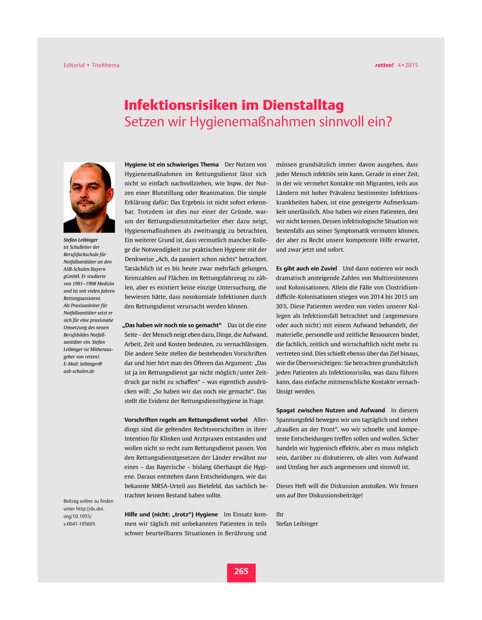 Vorschauseite 1: Infektionsrisiken im Dienstalltag ? Setzen wir Hygienemaßnahmen sinnvoll ein?