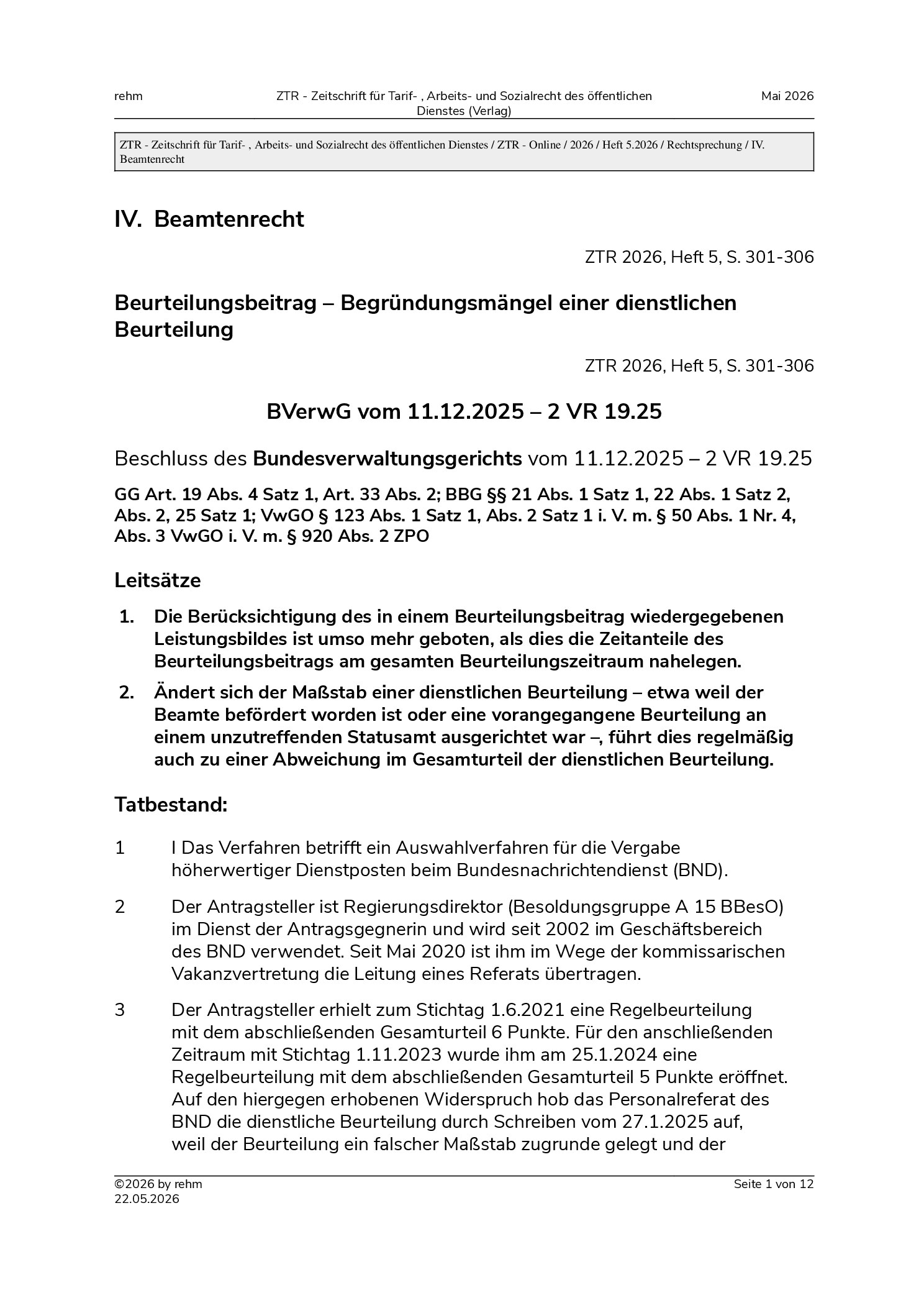 Vorschauseite 1: Beurteilungsbeitrag – Begründungsmängel einer dienstlichen Beurteilung