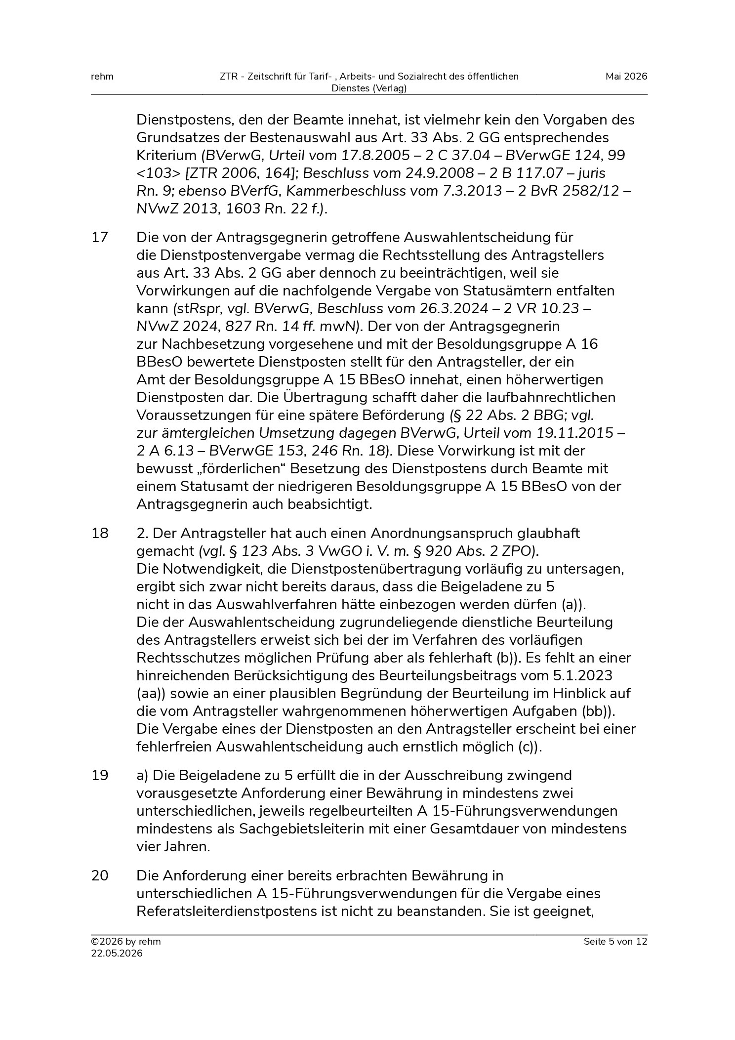Vorschauseite 5: Beurteilungsbeitrag – Begründungsmängel einer dienstlichen Beurteilung