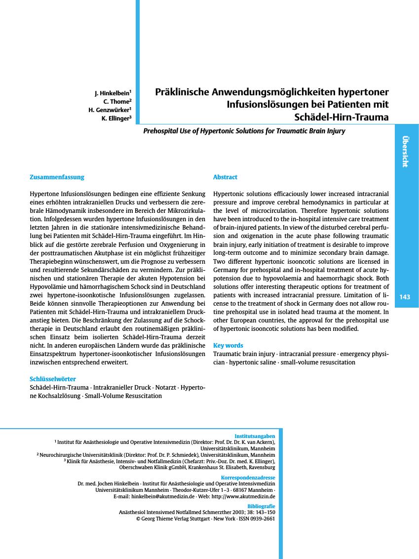 Vorschauseite 1: Präklinische Anwendungsmöglichkeiten hypertoner Infusionslösungen bei Patienten mit Schädel-Hirn-Trauma