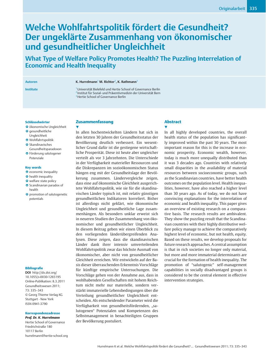 Vorschauseite 1: Welche Wohlfahrtspolitik fördert die Gesundheit? Der ungeklärte Zusammenhang von ökonomischer und gesundheitlicher Ungleichheit
