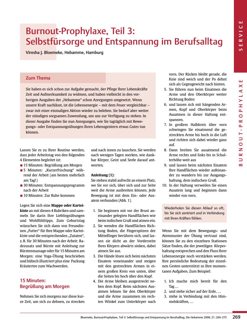 Vorschauseite 1: Burnout-Prophylaxe, Teil 3: Selbstfürsorge und Entspannung im Berufsalltag