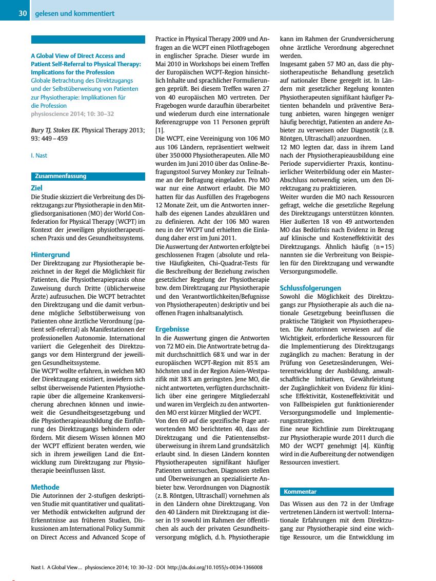 Vorschauseite 1: A Global View of Direct Access and Patient Self-Referral to Physical Therapy: Implications for the Profession