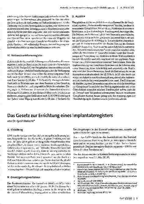 Vorschauseite 1: Das Gesetz zur Errichtung eines Implantateregisters