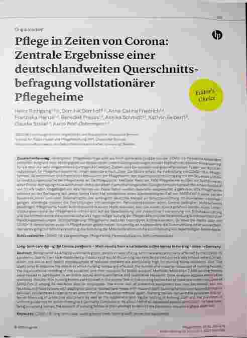 Vorschauseite 1: Pflege in Zeiten von Corona: 7 Zentrale Ergebnisse einer deutschlandweiten Querschnittsbefragung vollstationärer Pflegeheime