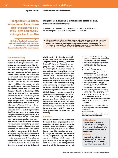 Vorschauseite 1: Präoperative Evaluation erwachsener Patientinnen und Patienten vor elektiven, nicht herz-thoraxchirurgischen Eingriffen.