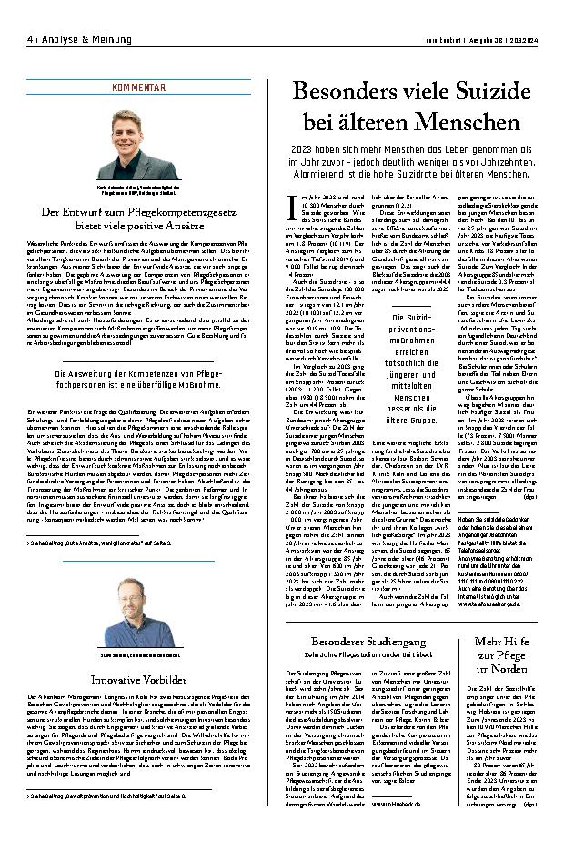 Vorschauseite 1: Besonders viele Suizide bei älteren Menschen.