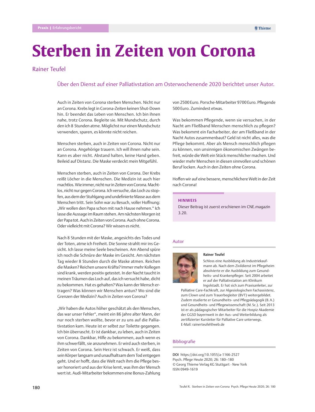 Vorschauseite 1: Sterben in Zeiten von Corona