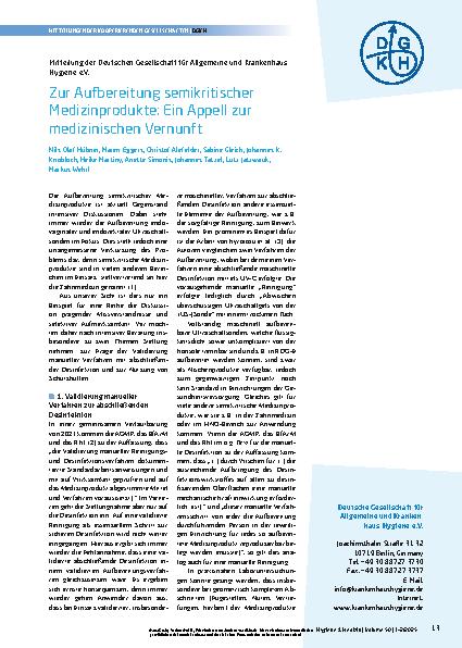 Vorschauseite 1: Zur Aufbereitung semikritischer Medizinprodukte: Ein Appell zur medizinischen Vernunft