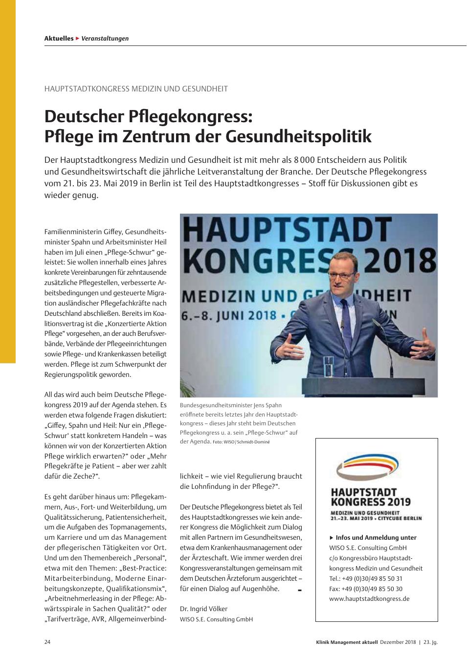 Vorschauseite 1: Hauptstadtkongress Medizin und Gesundheit: Deutscher Pflegekongress: Pflege im Zentrum der Gesundheitspolitik