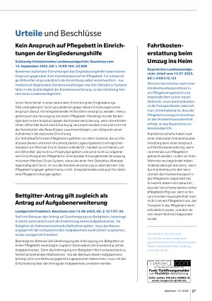 Vorschauseite 2: Urteile und Beschlüsse Kein Anspruch auf Pflegebett in Einrichtungen der Eingliederungshilfe