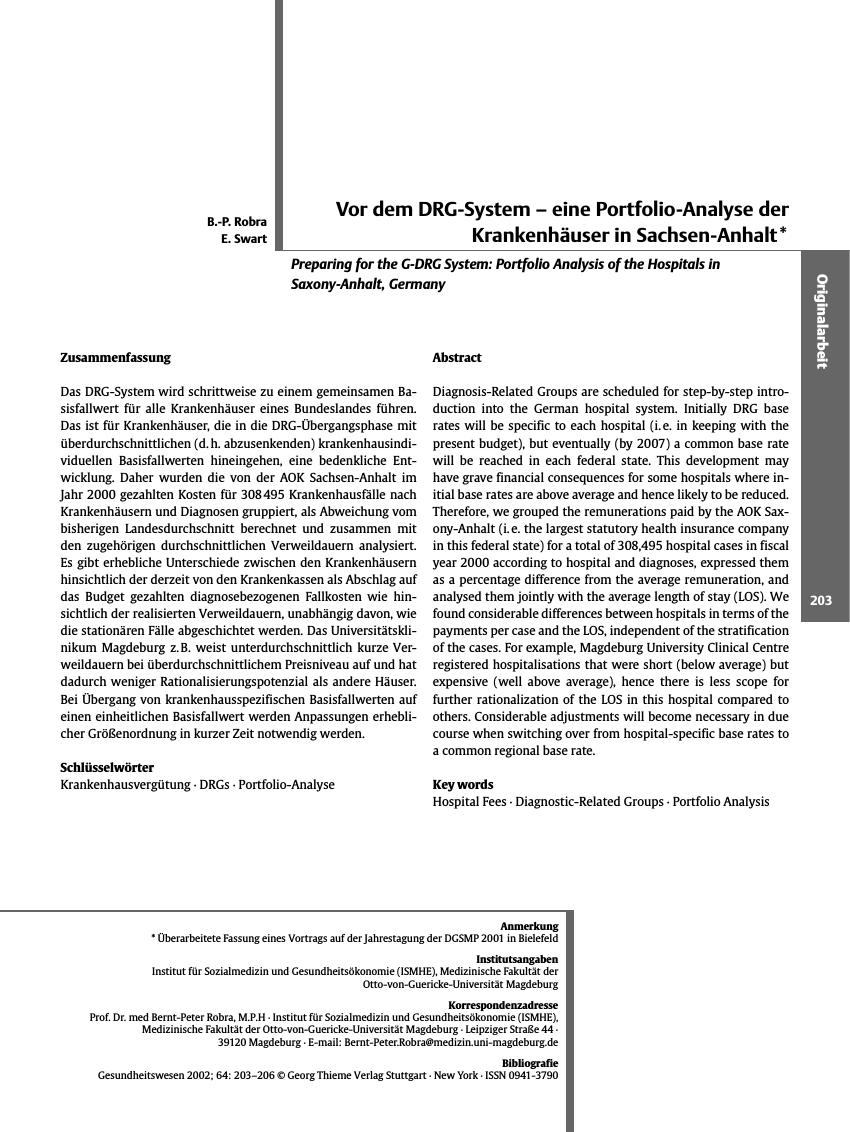Vorschauseite 1: Vor dem DRG-System - eine Portfolio-Analyse der Krankenhäuser in Sachsen-Anhalt