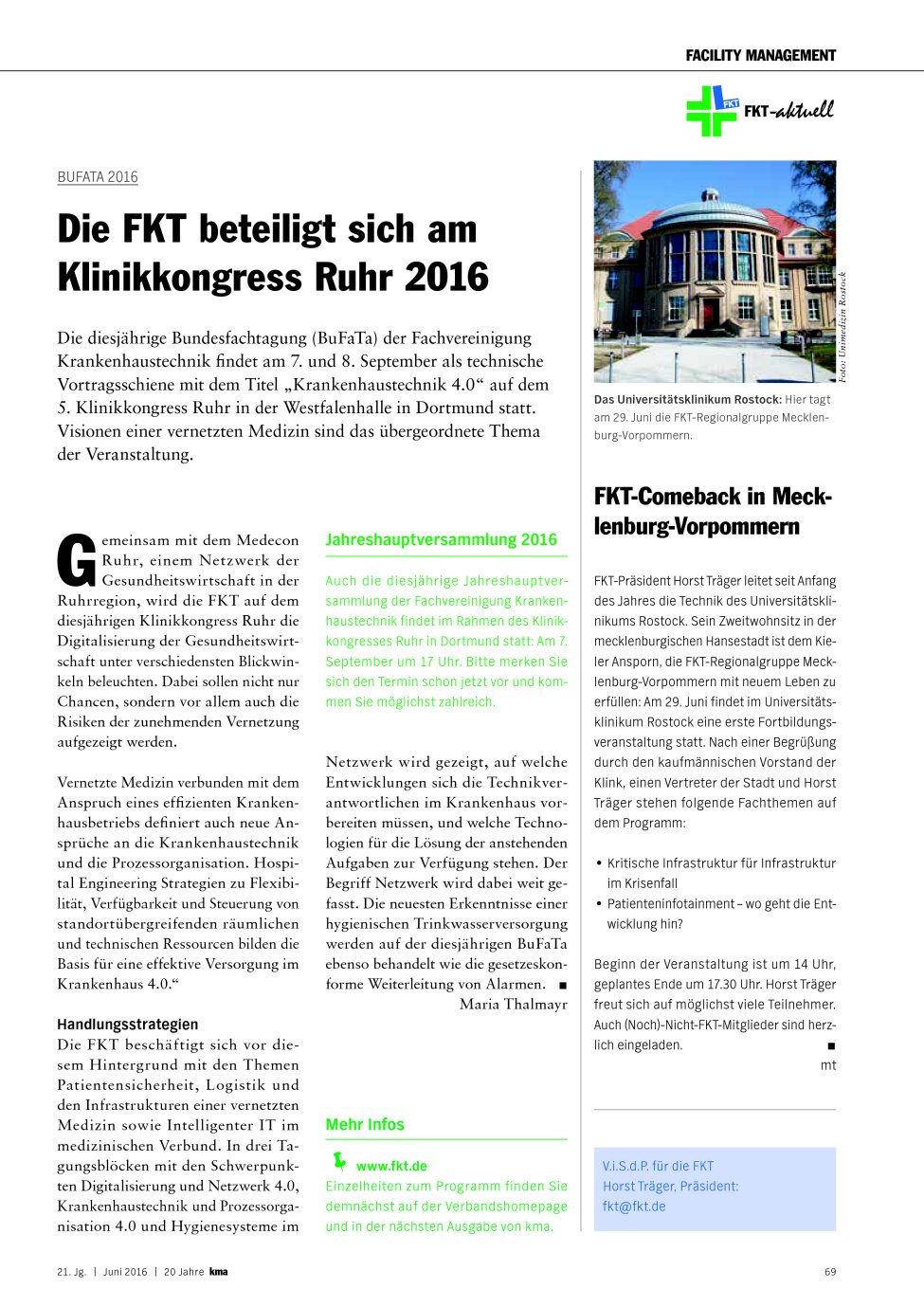 Vorschauseite 1: BuFaTa 2016: Die FKT beteiligt sich am Klinikkongress Ruhr 2016