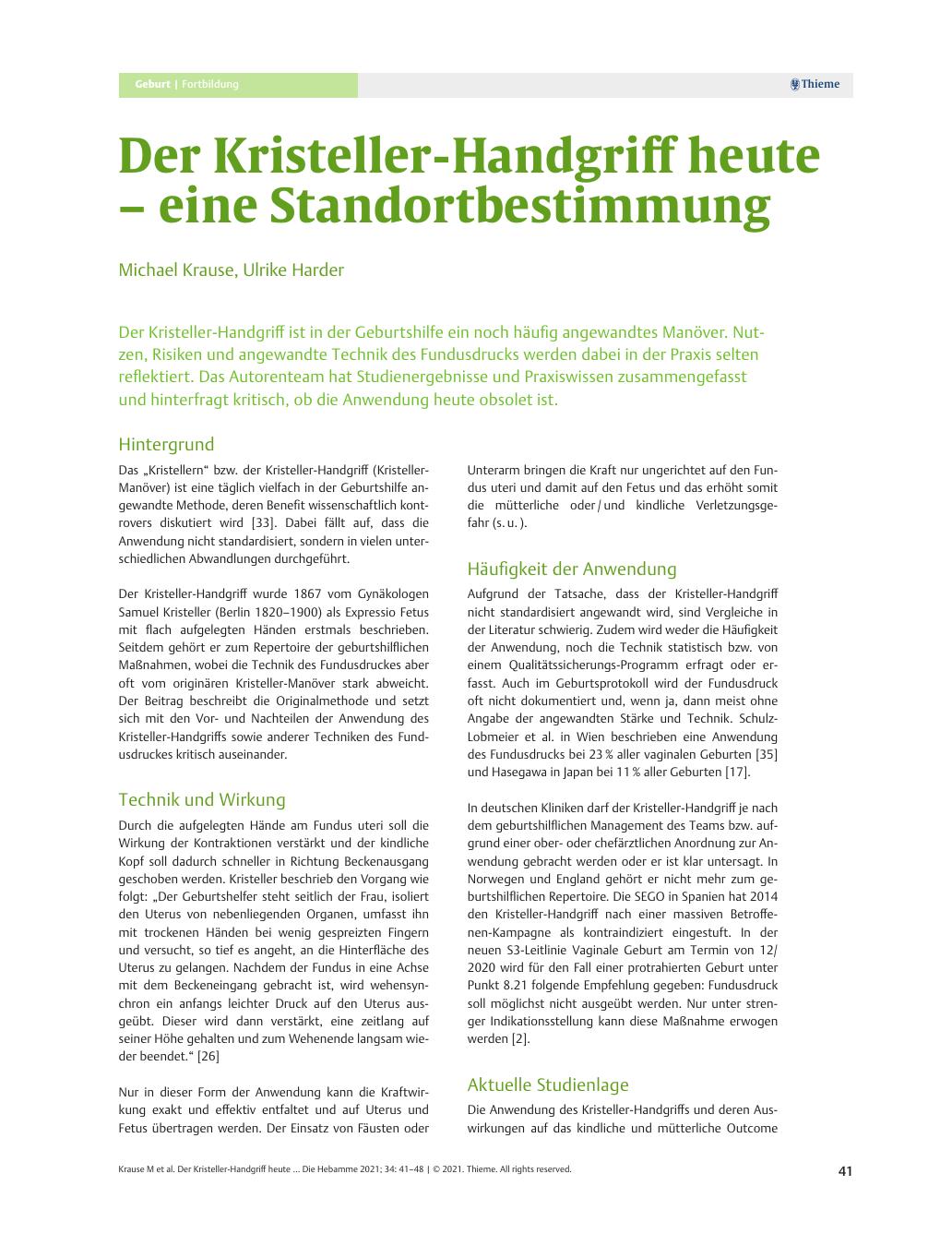 Vorschauseite 1: Der Kristeller-Handgriff heute – eine Standortbestimmung
