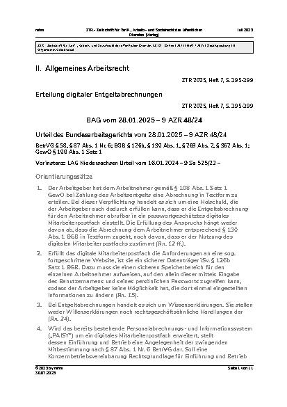 Vorschauseite 1: II. Allgemeines Arbeitsrecht Erteilung digitaler Entgeltabrechnungen