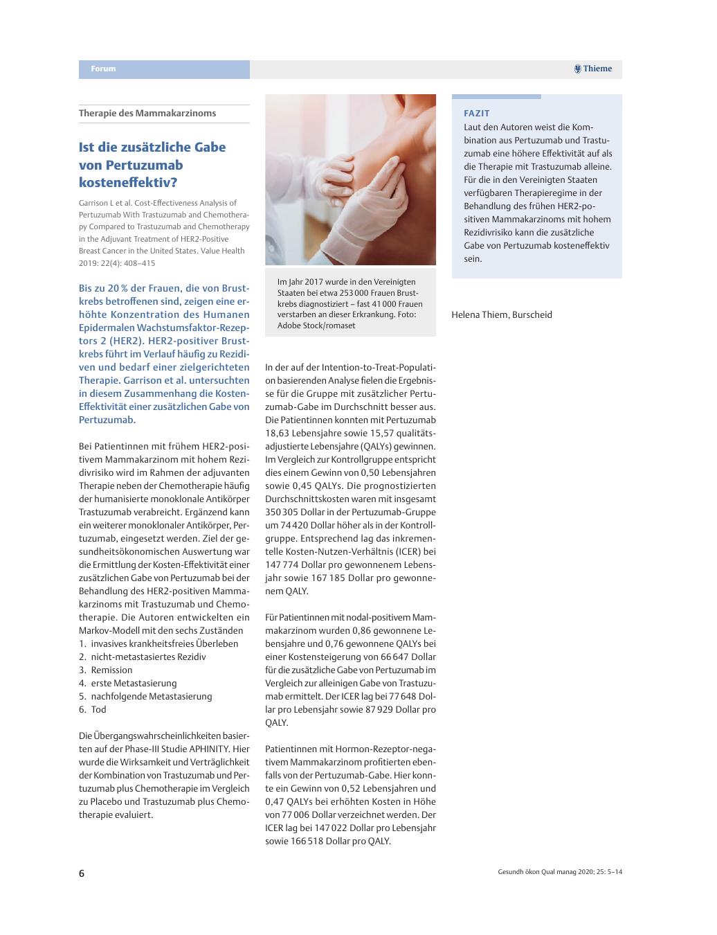 Vorschauseite 1: Therapie des Mammakarzinoms - Ist die zusätzliche Gabe von Pertuzumab kosteneffektiv?