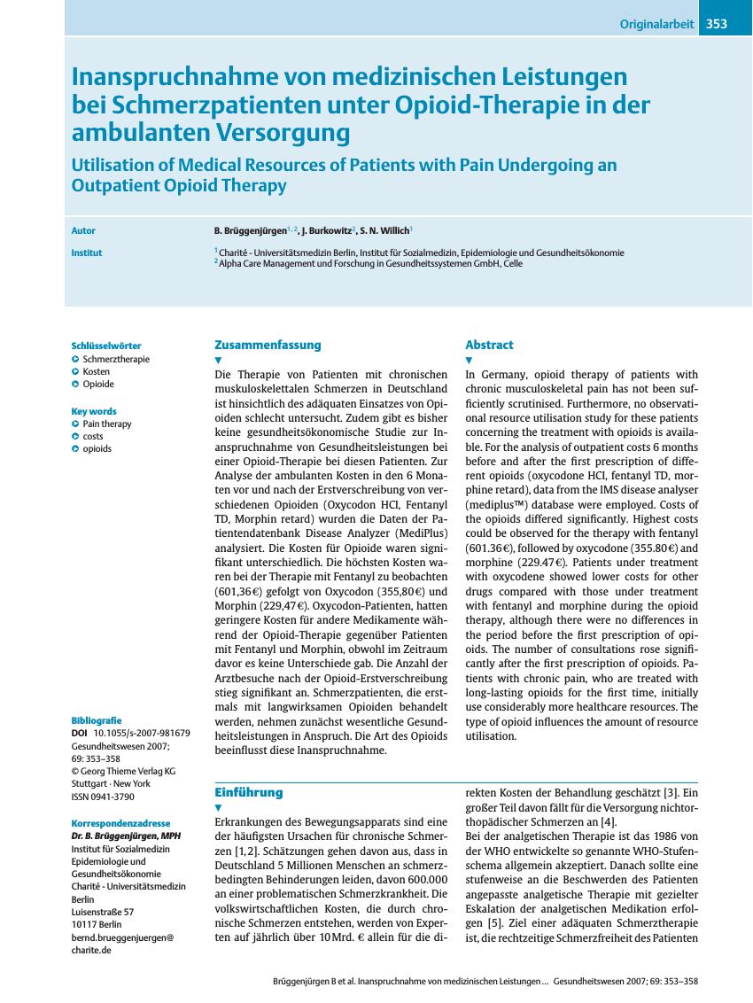 Vorschauseite 1: Inanspruchnahme von medizinischen Leistungen bei Schmerzpatienten unter Opioid-Therapie in der ambulanten Versorgung