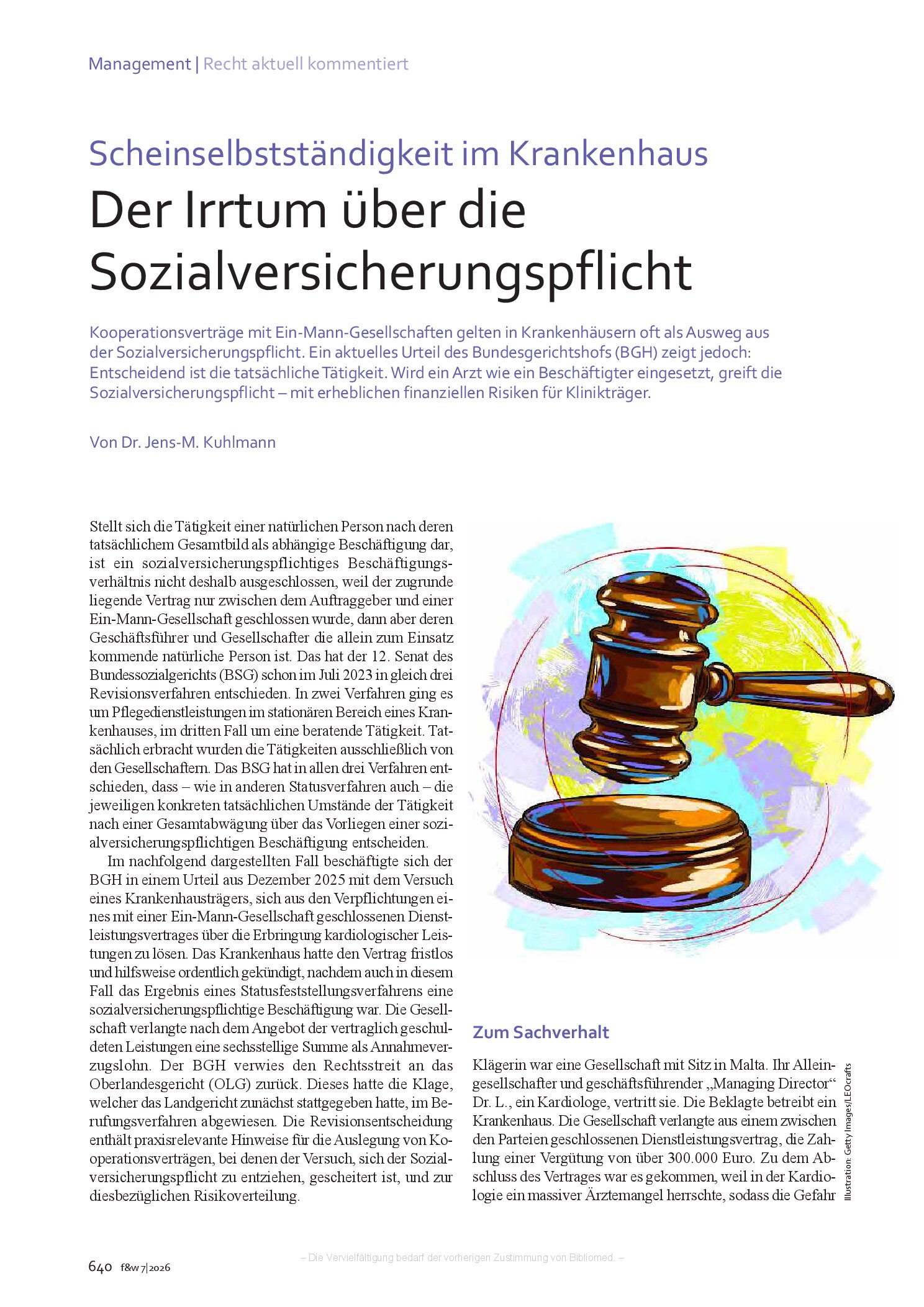 Vorschauseite 1: Scheinselbstständigkeit im Krankenhaus – Der Irrtum über die Sozialversicherungspflicht