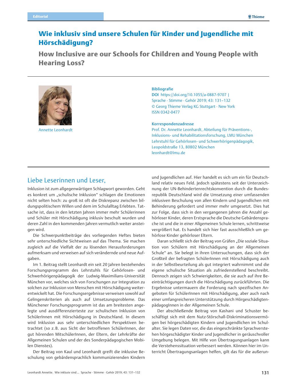 Vorschauseite 1: Wie inklusiv sind unsere Schulen für Kinder und Jugendliche mit Hörschädigung?
