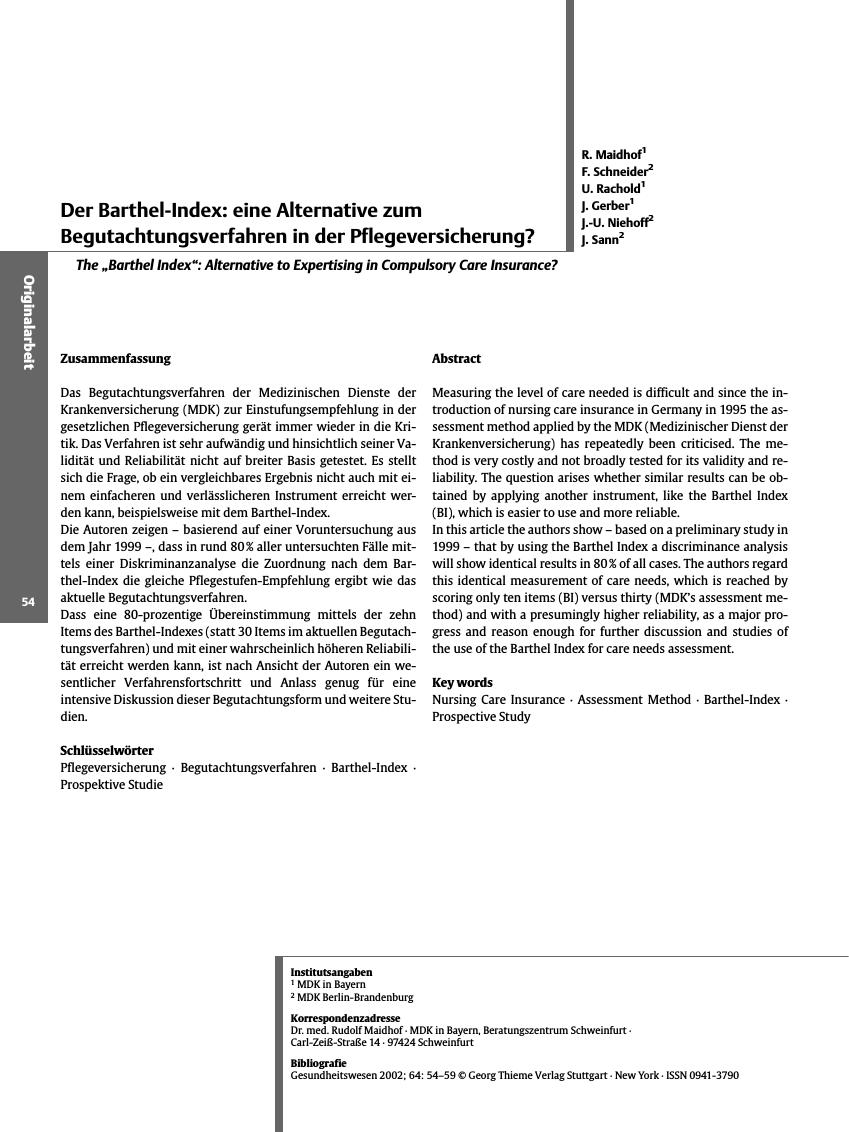 Vorschauseite 1: Der Barthel-Index: eine Alternative zum Begutachtungsverfahren in der Pflegeversicherung?