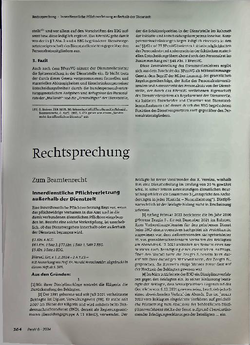 Vorschauseite 1: Zum Beamtenrecht: Innerdienstliche Pflichtverletzung außerhalb der Dienstzeit
