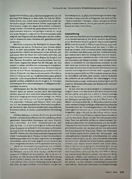 Vorschauseite 6: Zum Beamtenrecht: Innerdienstliche Pflichtverletzung außerhalb der Dienstzeit