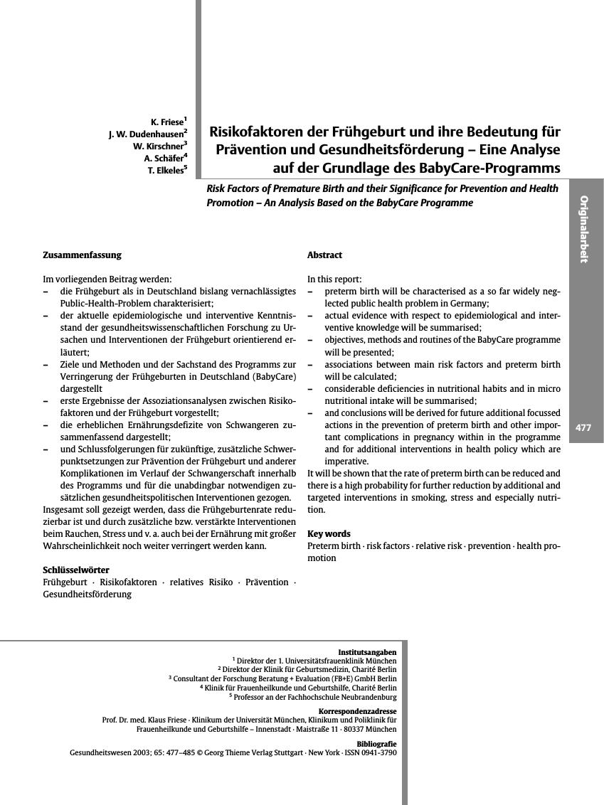 Vorschauseite 1: Risikofaktoren der Frühgeburt und ihre Bedeutung für Prävention und Gesundheitsförderung - Eine Analyse auf der Grundlage des BabyCare-Programms