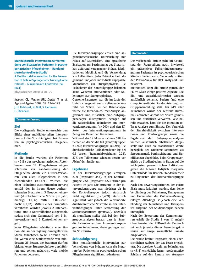 Vorschauseite 1: Multifaktorielle Intervention zur Vermeidung von Stürzen bei Patienten in psychogeriatrischen Pflegeheimen – Randomisierte kontrollierte Studie