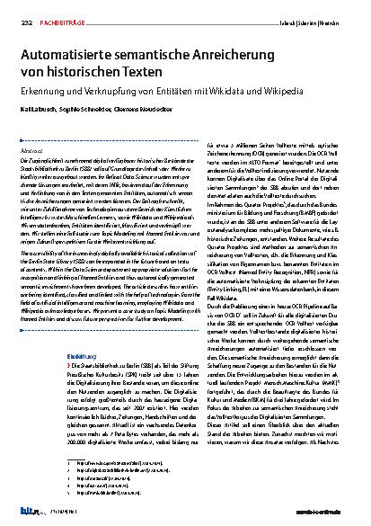 Vorschauseite 1: Automatisierte semantische Anreicherung von historischen Texten: Erkennung und Verknüpfung von Entitäten mit Wikidata und Wikipedia