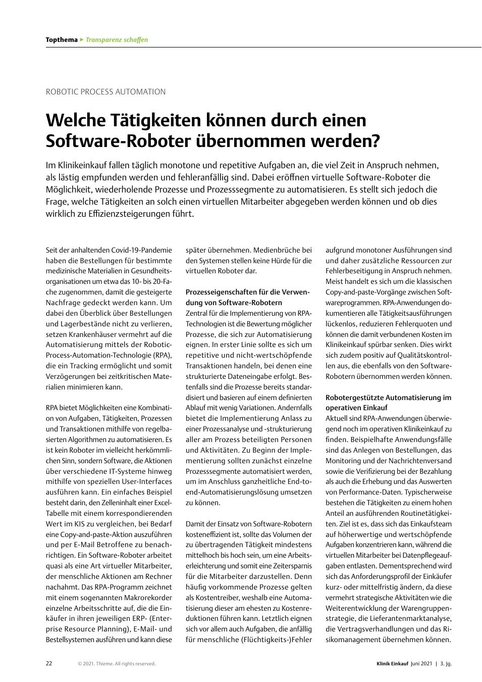 Vorschauseite 1: Robotic Process Automation: Welche Tätigkeiten können durch einen Software-Roboter übernommen werden?