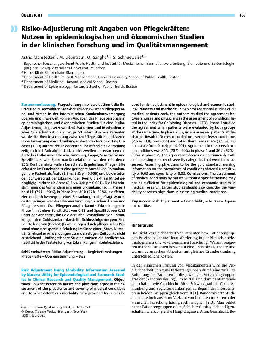 Vorschauseite 1: Risiko-Adjustierung mit Angaben von Pflegekräften: Nutzen in epidemiologischen und ökonomischen Studien in der klinischen Forschung und im Qualitätsmanagement