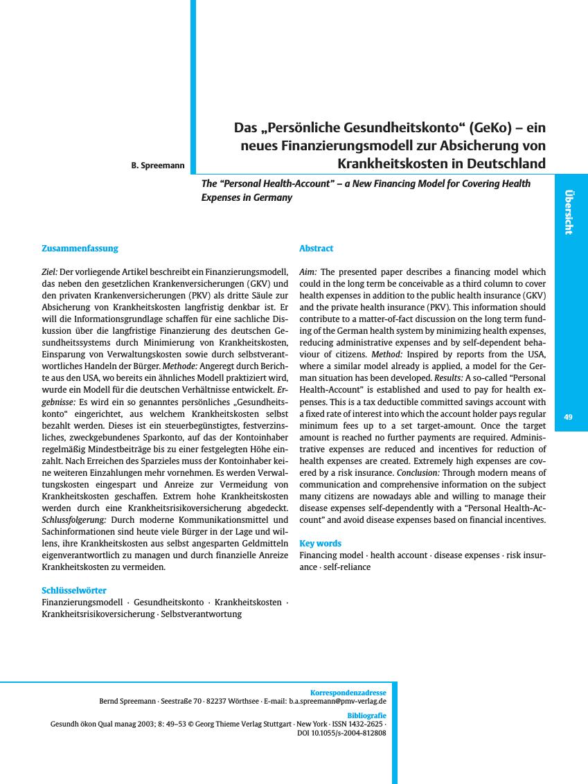 Vorschauseite 1: Das? Persönliche Gesundheitskonto? (GeKo) - ein neues Finanzierungsmodell zur Absicherung von Krankheitskosten in Deutschland