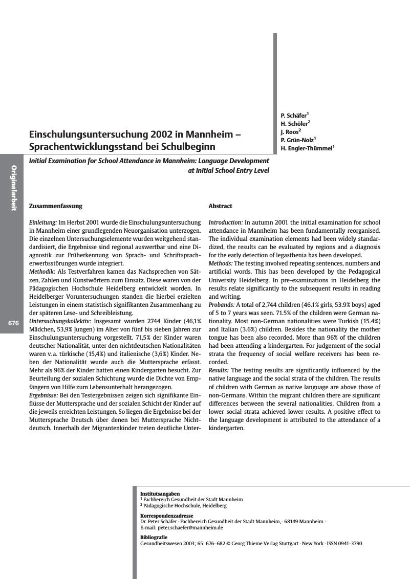 Vorschauseite 1: Einschulungsuntersuchung 2002 in Mannheim - Sprachentwicklungsstand bei Schulbeginn