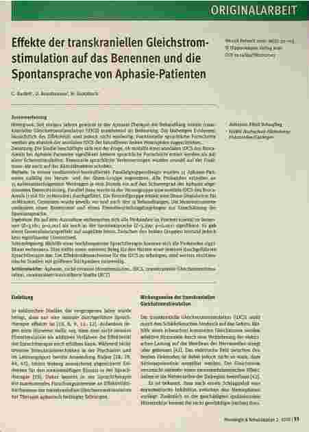 Vorschauseite 1: Effekte der transkraniellen Gleichstromstimulation auf das Benennen und die Spontansprache von Aphasie-Patienten