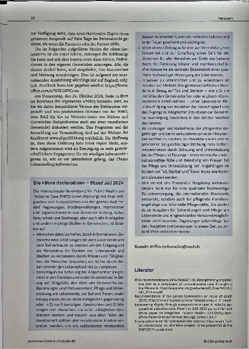 Vorschauseite 2: Die "Bern Declaration" - auf dem Weg zu einem hohen Wert des Lebensendes in unserer Gesellschaft