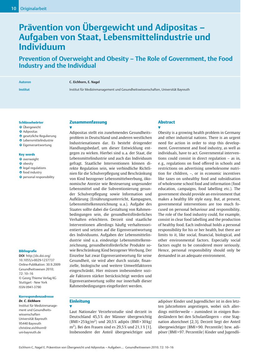 Vorschauseite 1: Prävention von Übergewicht und Adipositas – Aufgaben von Staat, Lebensmittelindustrie und Individuum