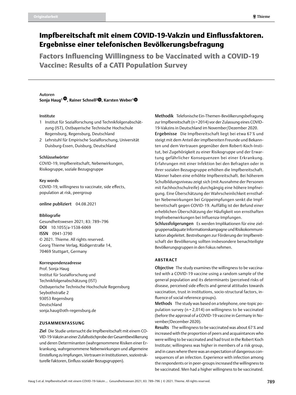 Vorschauseite 1: Impfbereitschaft mit einem COVID-19-Vakzin und Einflussfaktoren. Ergebnisse einer telefonischen Bevölkerungsbefragung.