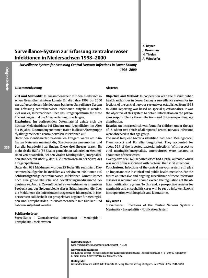 Vorschauseite 1: Surveillance-System zur Erfassung zentralnervöser Infektionen in Niedersachsen 1998-2000