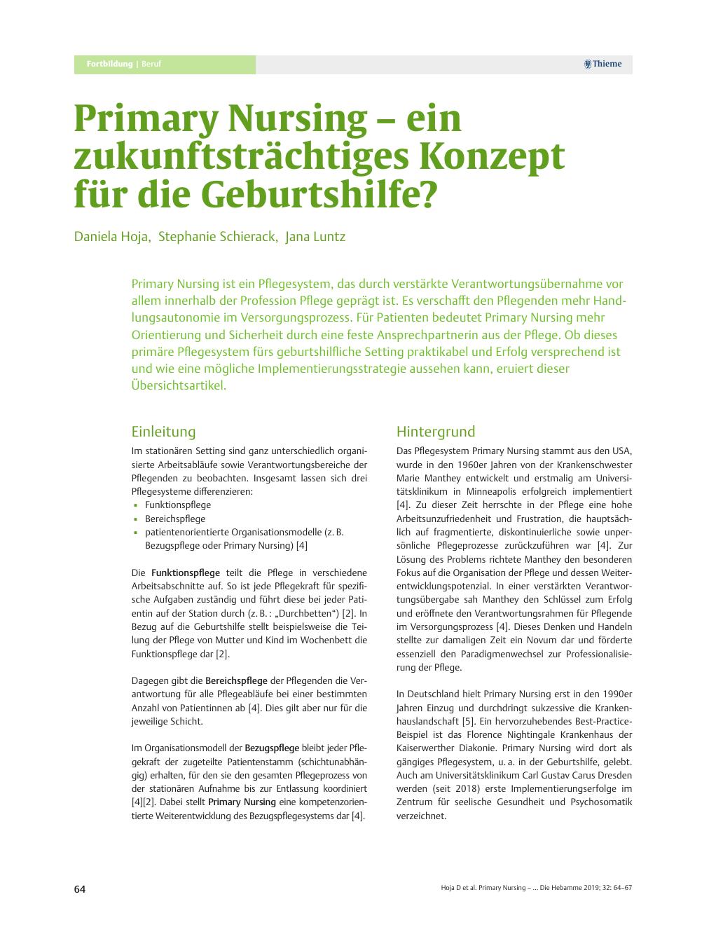 Vorschauseite 1: Primary Nursing – ein zukunftsträchtiges Konzept für die Geburtshilfe?