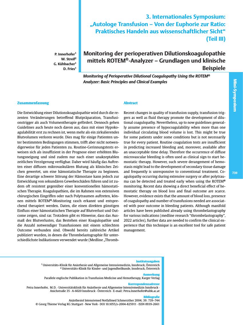 Vorschauseite 1: 3. Internationales Symposium: „Autologe Transfusion - Von der Euphorie zur Ratio: Praktisches Handeln aus wissenschaftlicher Sicht” (Teil III)Monitoring der perioperativen Dilutio…