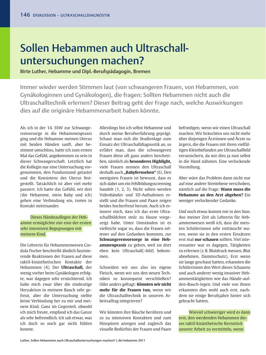 Vorschauseite 1: Sollen Hebammen auch Ultraschalluntersuchungen machen?