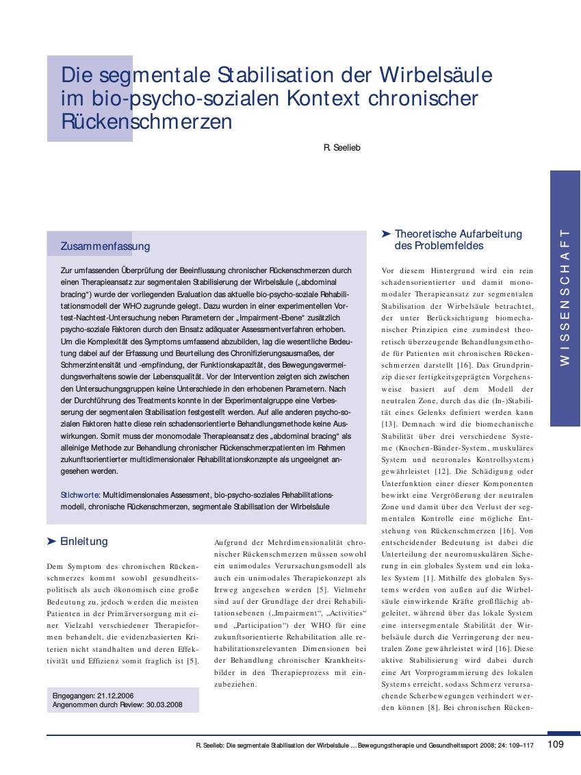 Vorschauseite 1: Die segmentale Stabilisation der Wirbelsäule im bio-psycho-sozialen Kontext chronischer Rückenschmerzen