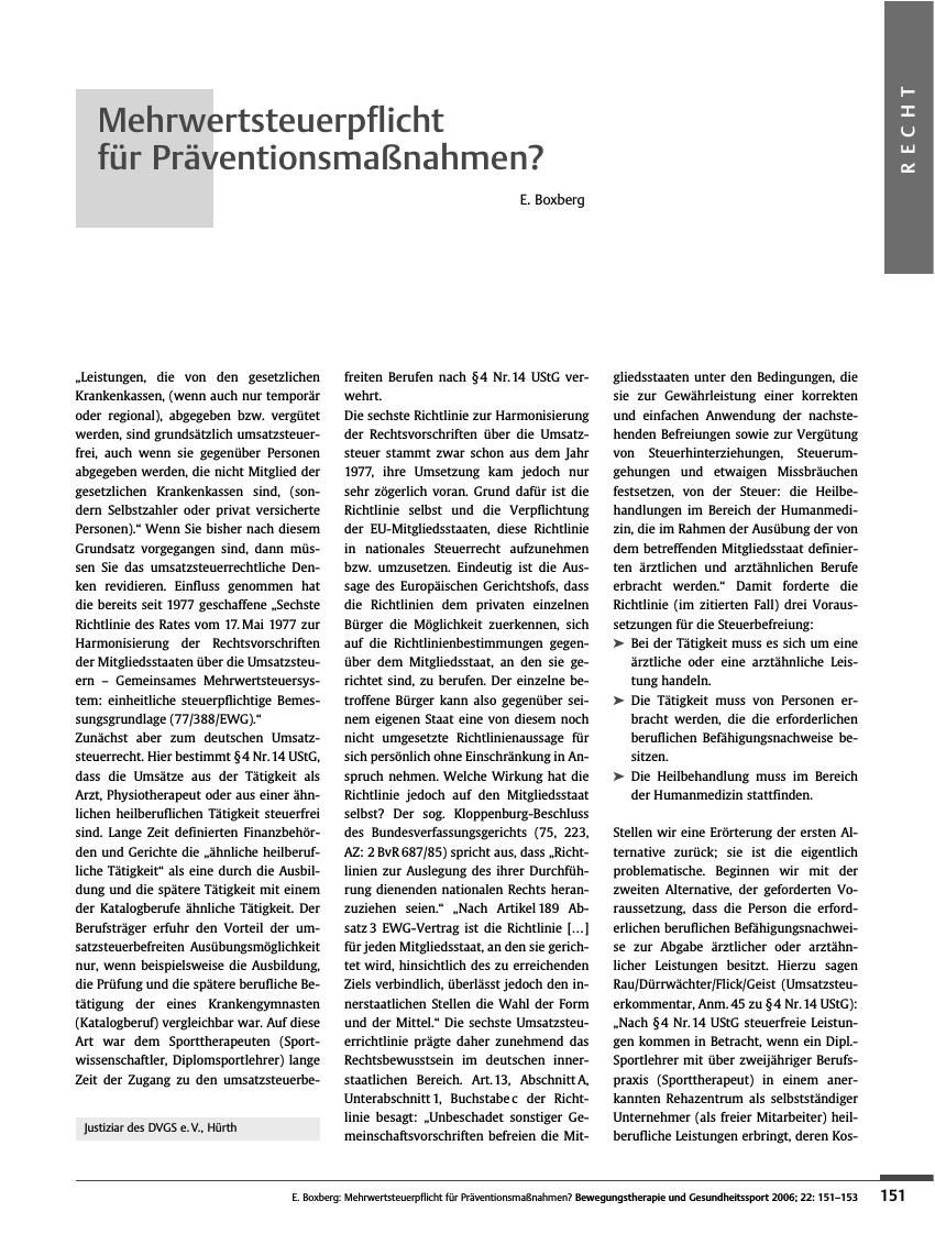 Vorschauseite 1: Mehrwertsteuerpflicht für Präventionsmaßnahmen?