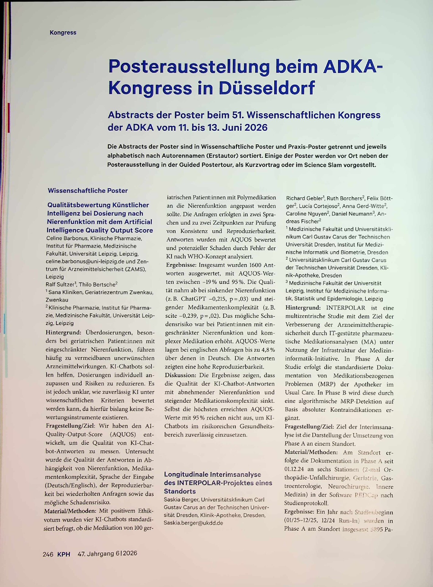 Vorschauseite 1: Posterausstellung beim ADKA-Kongress in Düsseldorf. Abstracts der Poster beim 51. Wissenschaftlichen Kongress der ADKA vom 11. bis 13. Juni 2026