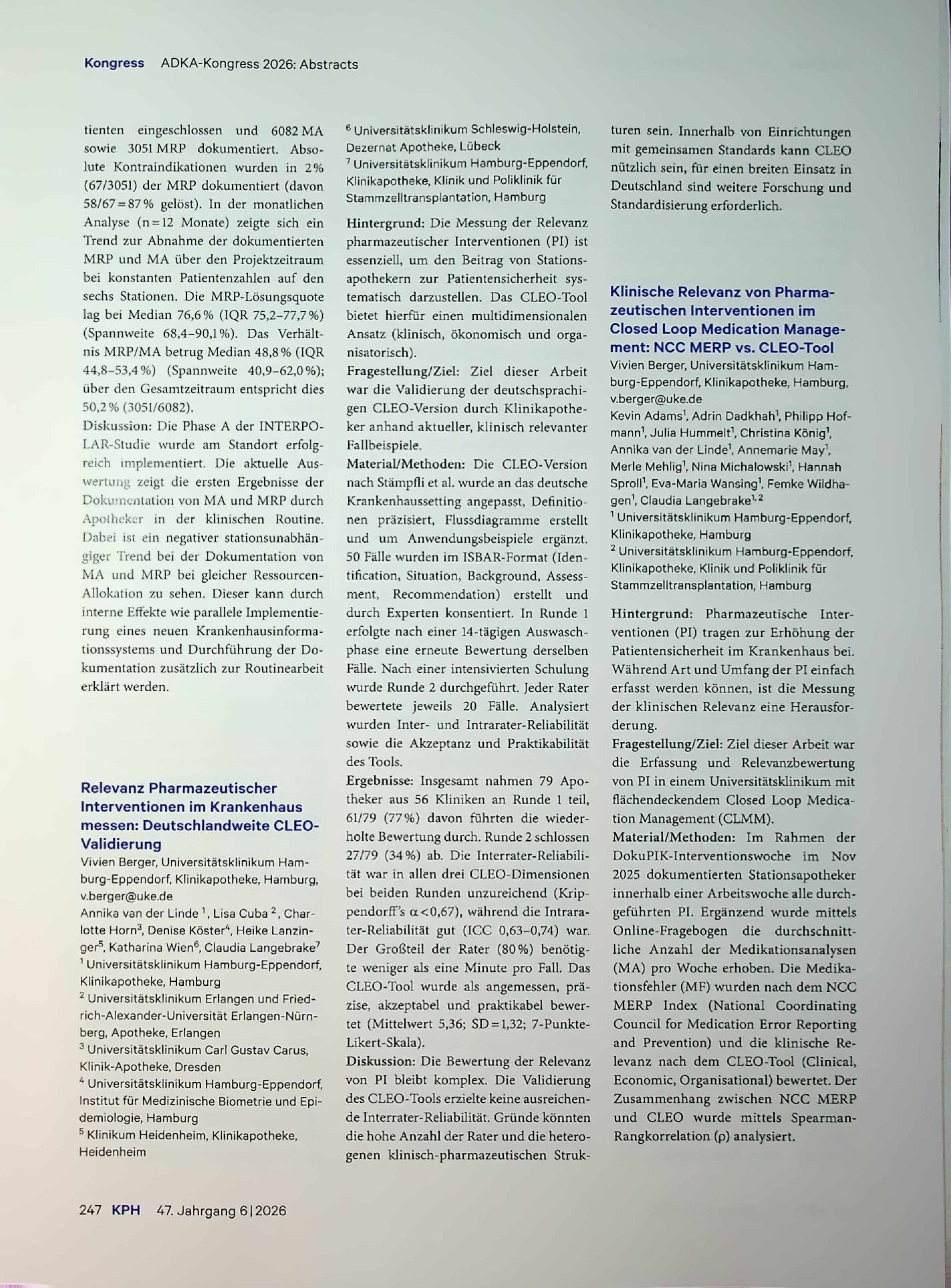 Vorschauseite 2: Posterausstellung beim ADKA-Kongress in Düsseldorf. Abstracts der Poster beim 51. Wissenschaftlichen Kongress der ADKA vom 11. bis 13. Juni 2026
