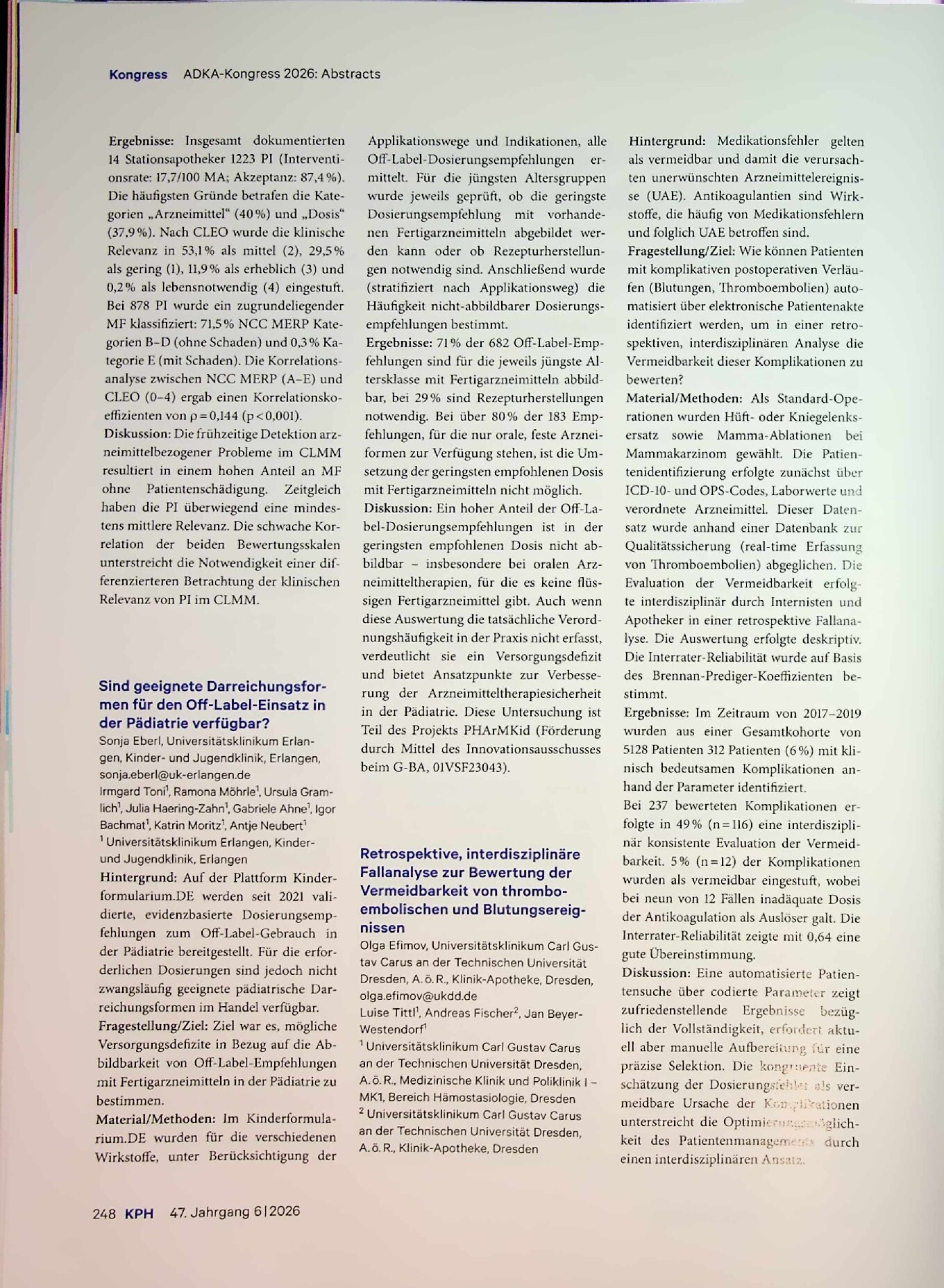 Vorschauseite 3: Posterausstellung beim ADKA-Kongress in Düsseldorf. Abstracts der Poster beim 51. Wissenschaftlichen Kongress der ADKA vom 11. bis 13. Juni 2026