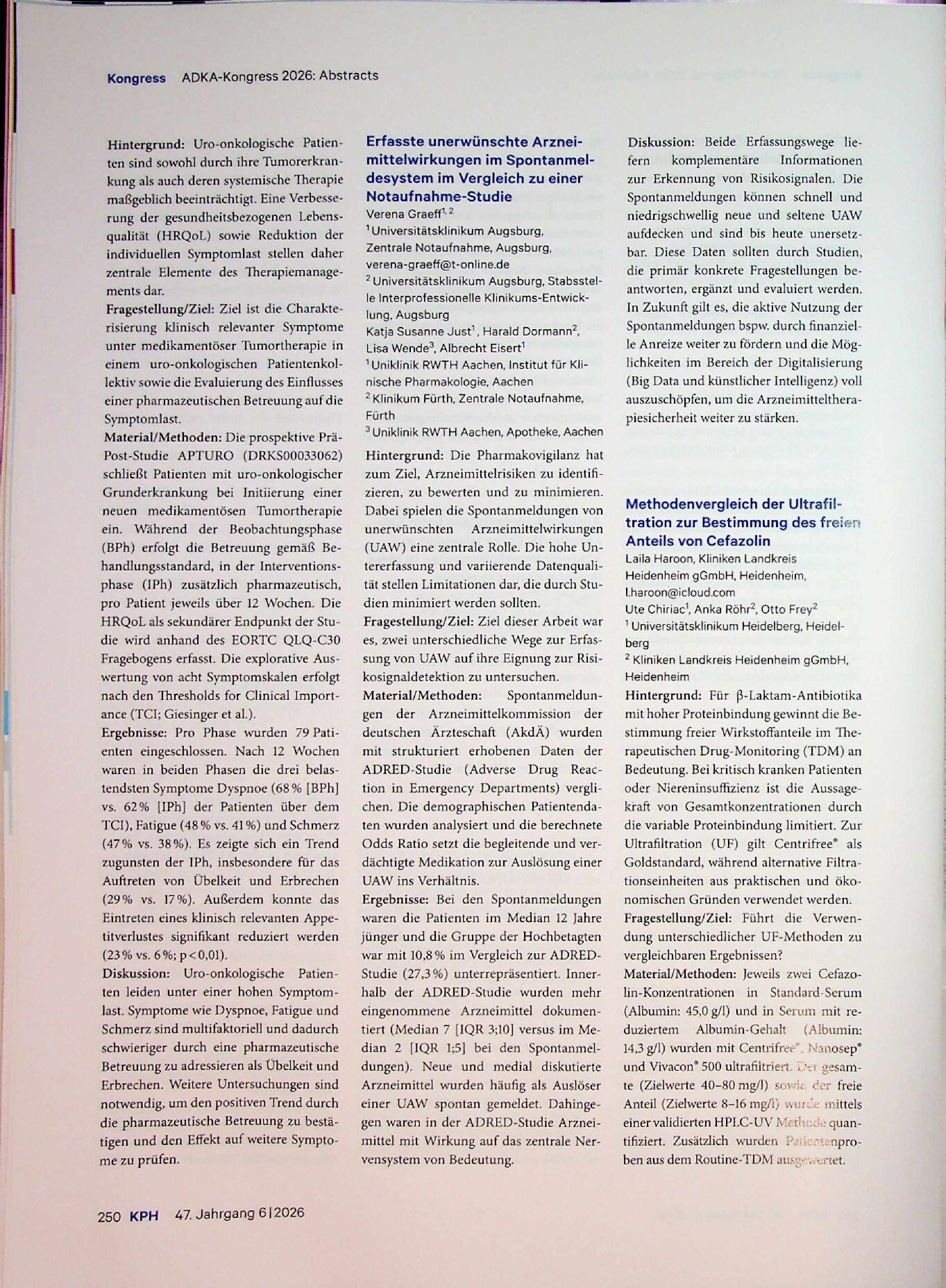 Vorschauseite 5: Posterausstellung beim ADKA-Kongress in Düsseldorf. Abstracts der Poster beim 51. Wissenschaftlichen Kongress der ADKA vom 11. bis 13. Juni 2026