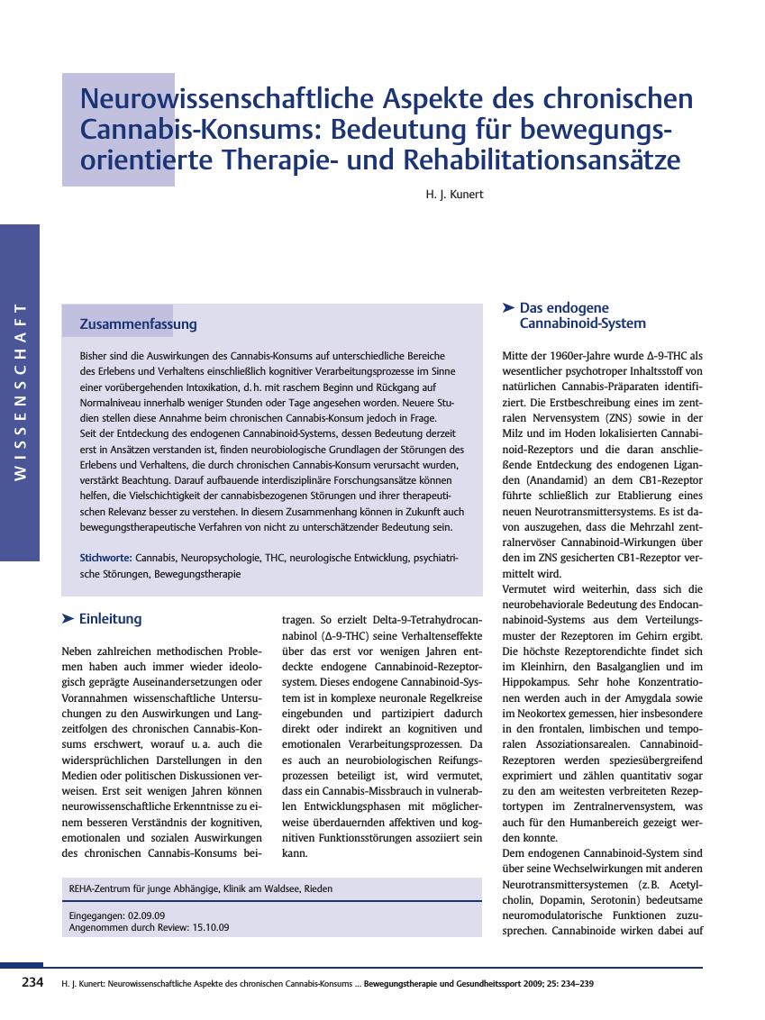 Vorschauseite 1: Neurowissenschaftliche Aspekte des chronischen Cannabis-Konsums: Bedeutung für bewegungsorientierte Therapieund Rehabilitationsansätze
