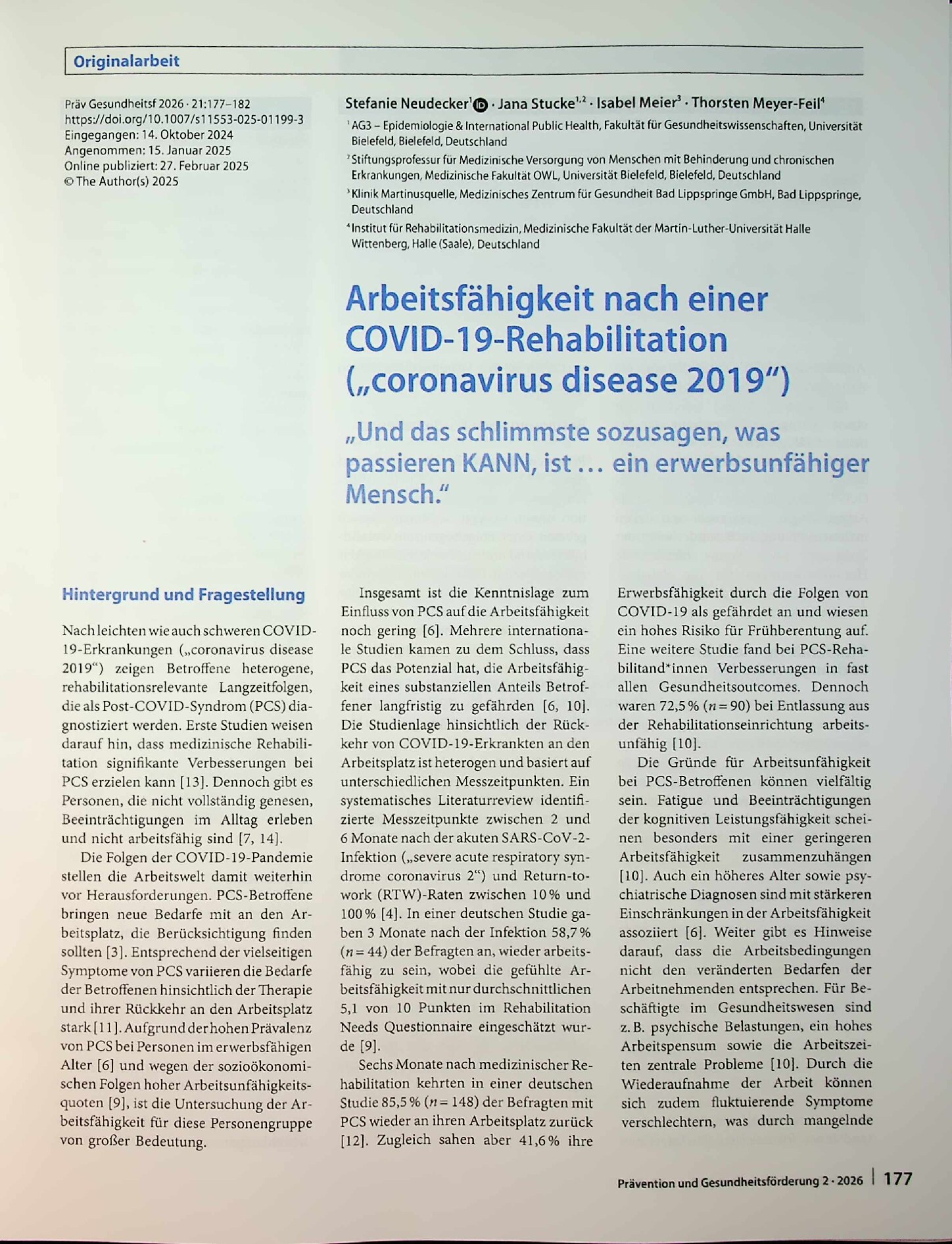 Vorschauseite 1: Arbeitsfähigkeit nach einer COVID-19-Rehabilitation („Coronavirus disease 2019“). „Und das Schlimmste sozusagen, was passieren kann, ist... ein erwerbsunfähiger Mensch.“